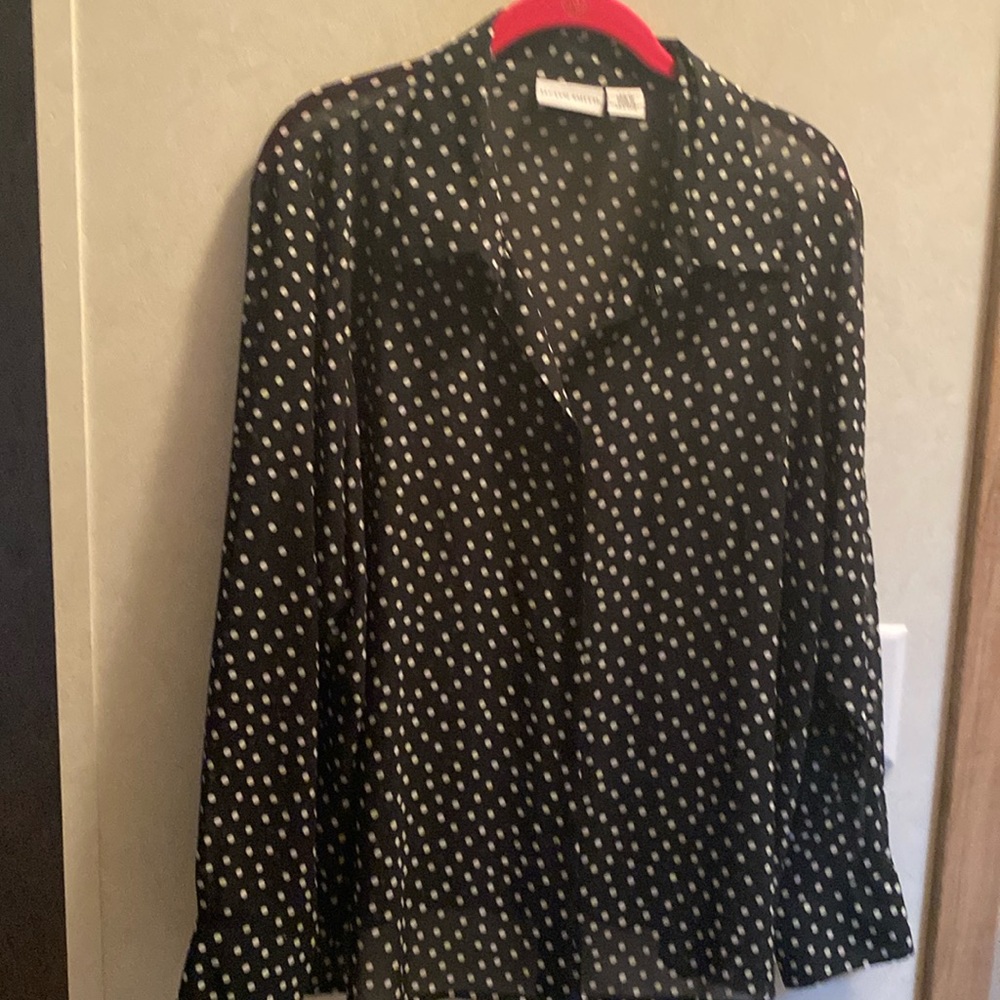 Black with white polkadots button down long sleeve blouse from Jaclyn Smith